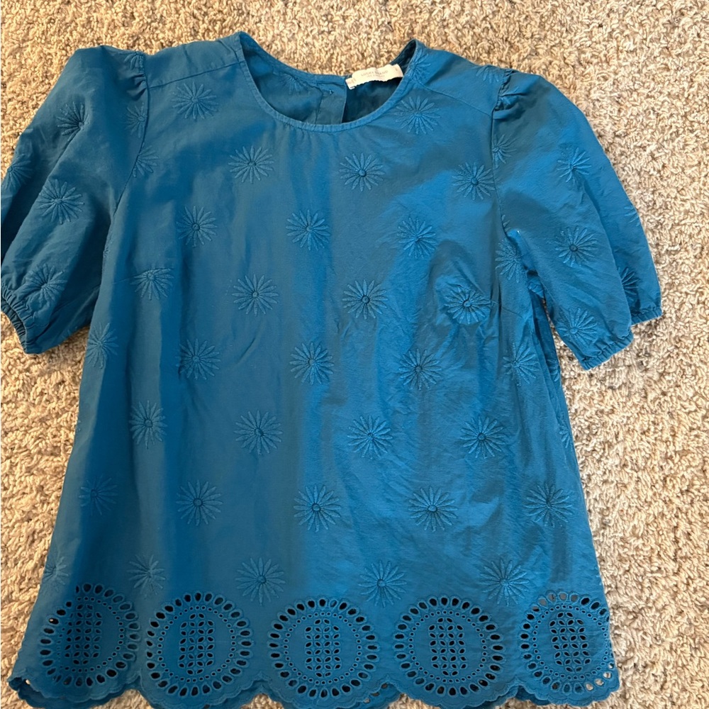 Lucky Brand Teal Floral Embroidered Top